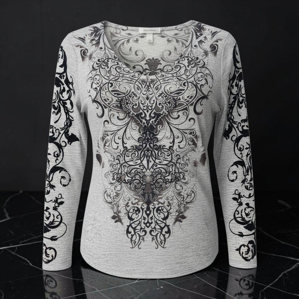 Dressbarn Gothic Scroll Work T-Shirt Womens L Gray Black Tribal Fairy Grunge - Picture 1 of 12